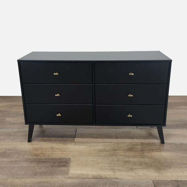 1. Prepac black mid-century modern double dresser with six drawers and brass-finished knobs, front view.  