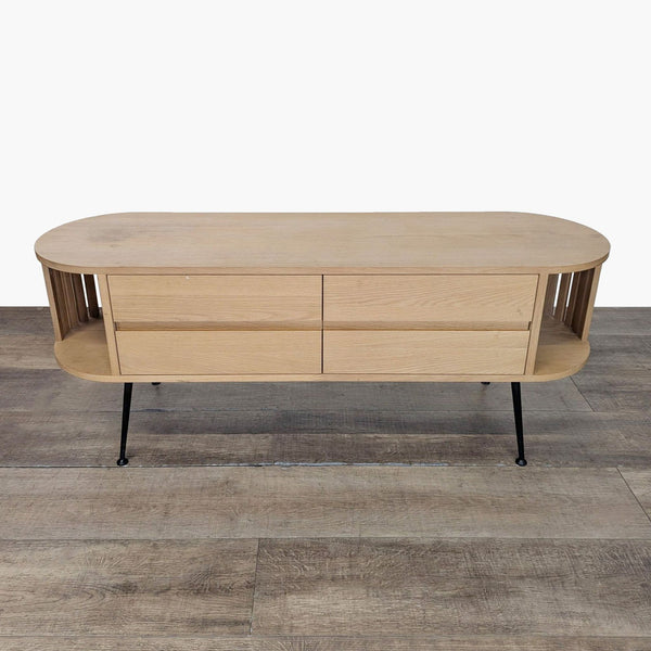 1. Joybird Mid-Century two-door cabinet with open corner shelves and metal legs, closed front view.