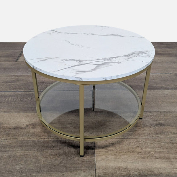 1. Vasagle coffee table with a round marble-pattern top, gold metal frame, and glass lower shelf on wood floor.  