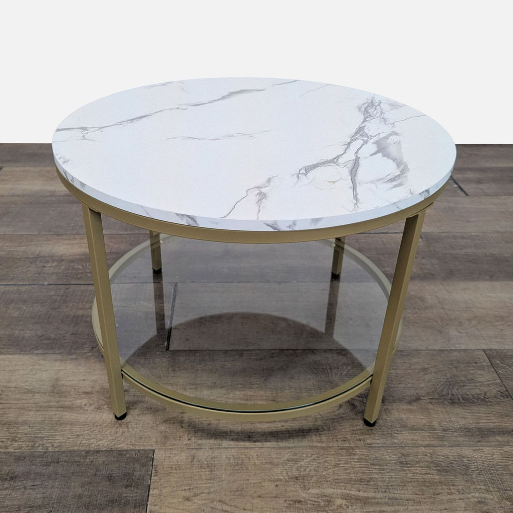 2. Modern Vasagle coffee table featuring white marble-look surface, glass bottom shelf, and gold metal frame.  