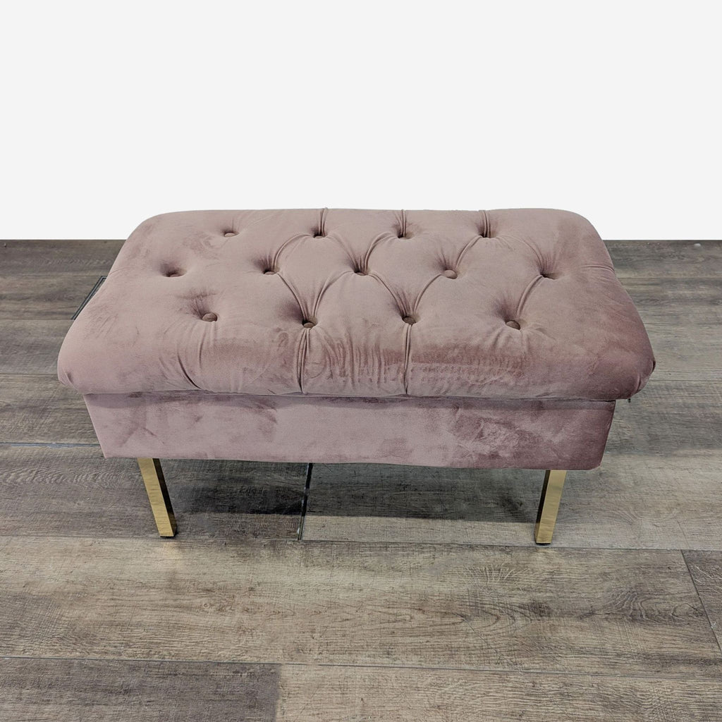 1. Velvet tufted pink ottoman bench by Reperch with gold legs, placed on a wooden floor.