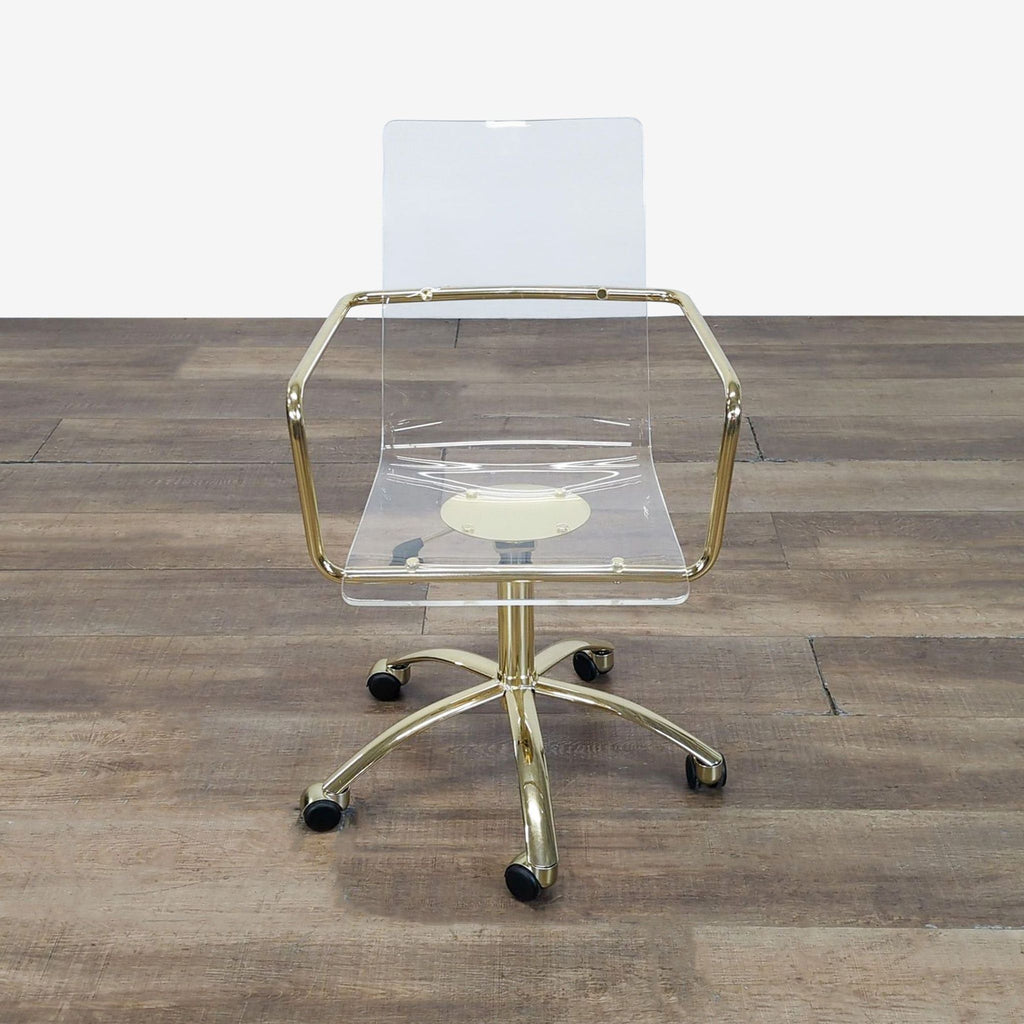 1. Pottery Barn chair with gold-finished steel base, clear acrylic seat, hydraulic lever, and five caster wheels.