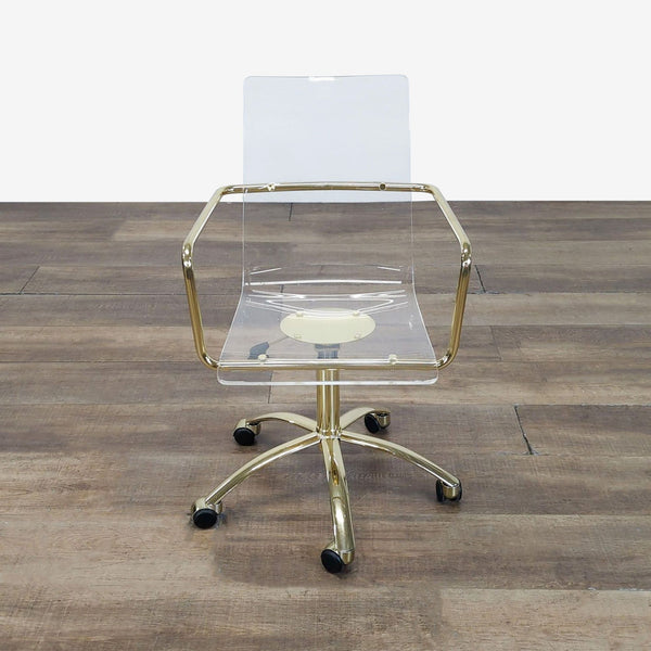 1. Pottery Barn chair with gold-finished steel base, clear acrylic seat, hydraulic lever, and five caster wheels.
