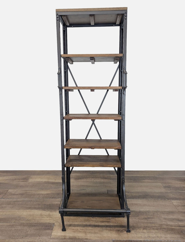 3. Industrial-style Restoration Hardware bookshelf with five wooden shelves, metal frame, and lower foot rail, front-facing.