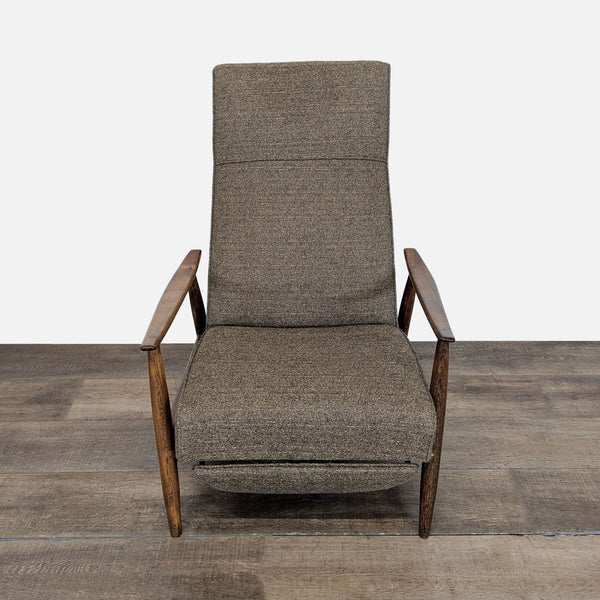 1. Front view of a Milo Baughman lounge chair with walnut wood frame and textured fabric upholstery.