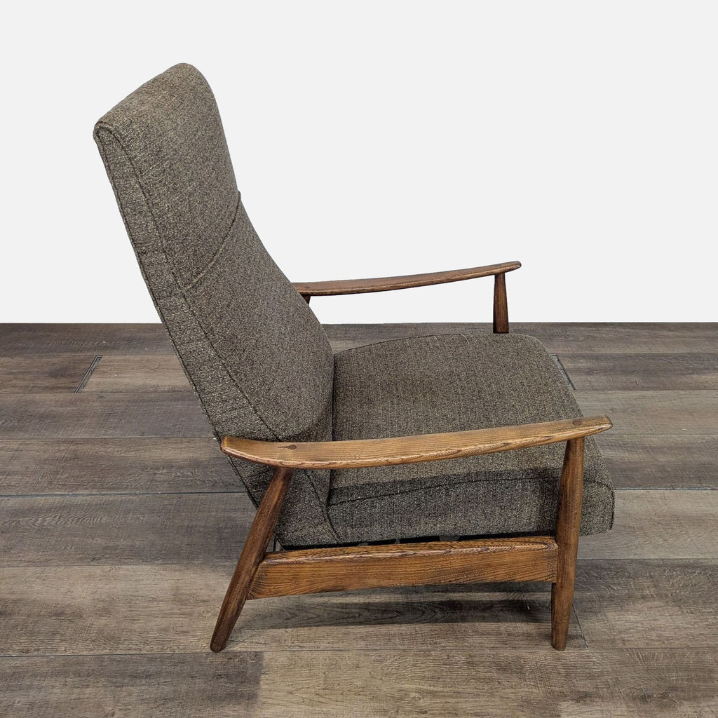 3. Profile of a Milo Baughman lounge chair highlighting walnut arms, solid wood frame, and textured upholstery.
