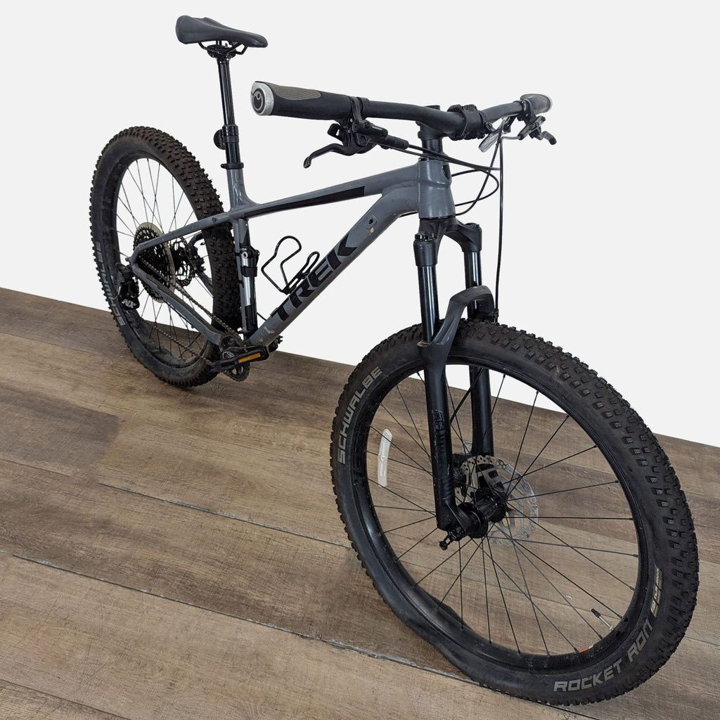 3. Angled perspective of a sturdy Trek full suspension mountain bike, built for off-road adventures and rough trails.