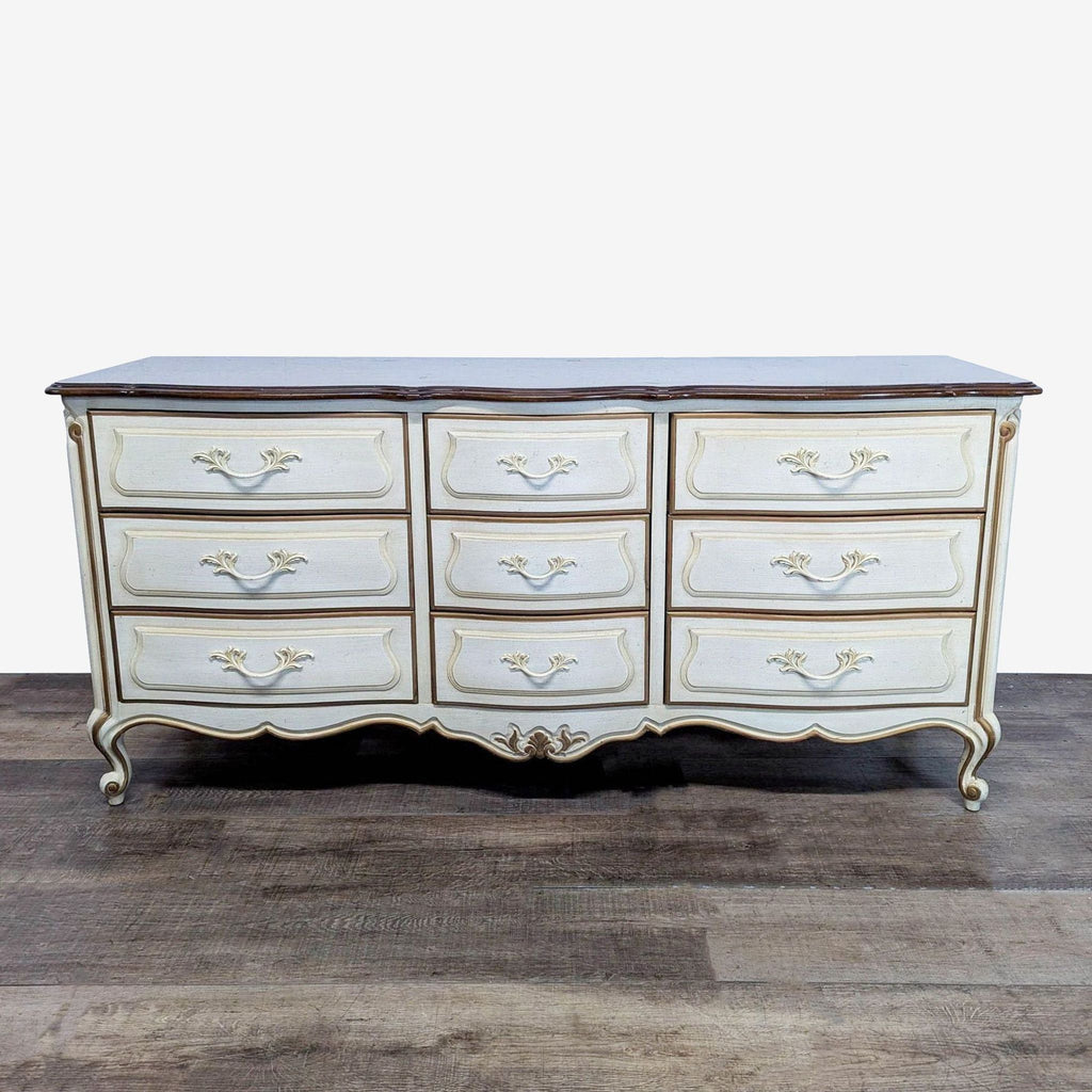 1. Ornate Drexel Heritage dresser with delicate curves, detailed trim, and original hardware, front view.
