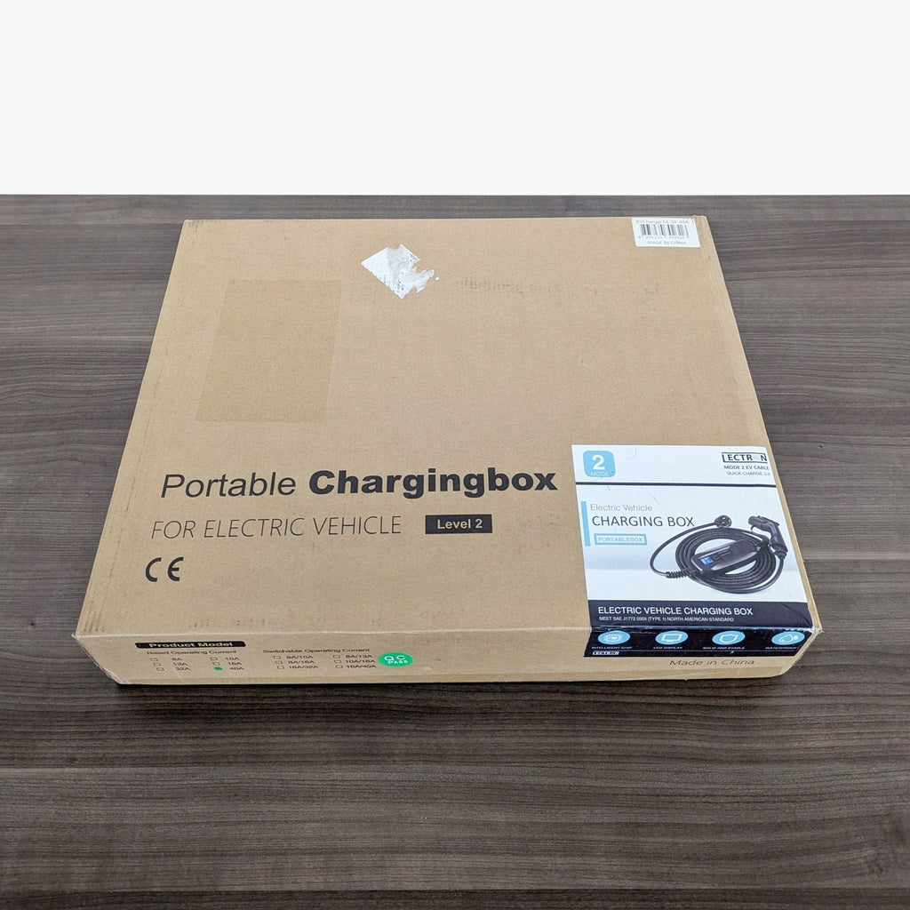 LECTRON portable charging box for electric vehicles in original brown packaging, labeled Level 2 and CE certified.