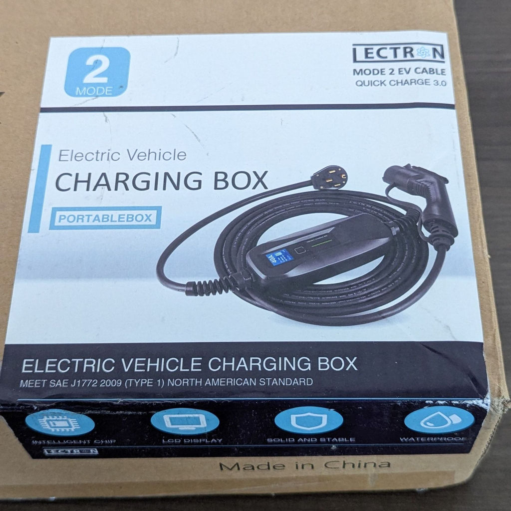 Close-up of the LECTRON electric vehicle charging box retail packaging, highlighting fast charging and waterproof features.