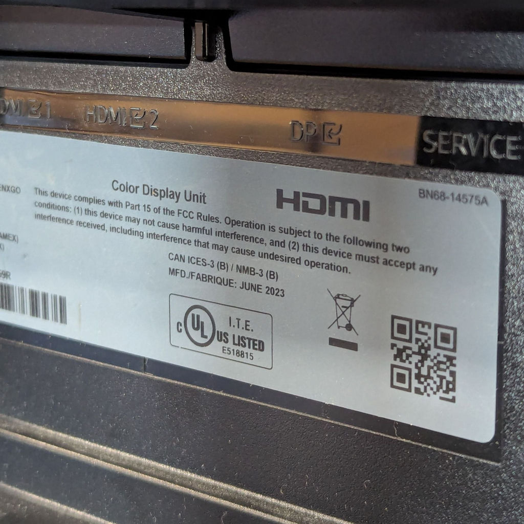 3. Close-up of the Samsung monitor’s back panel, highlighting HDMI, DisplayPort, and product label.