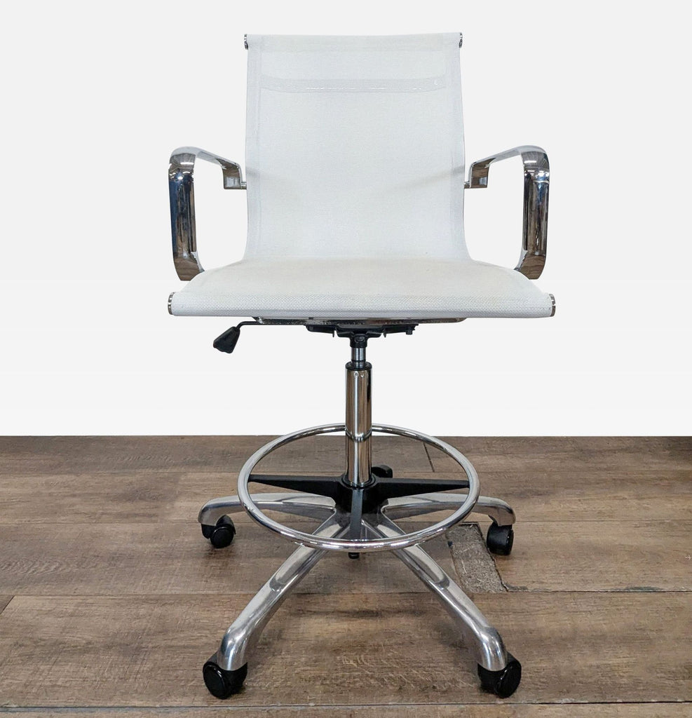 1. White office stool with adjustable height, chrome base, foot ring, and armrests by Woodstock Marketing.