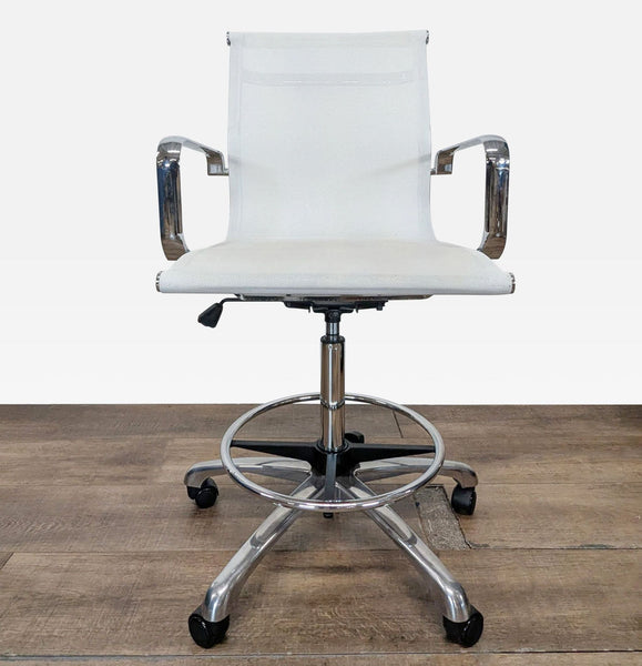 1. White office stool with adjustable height, chrome base, foot ring, and armrests by Woodstock Marketing.