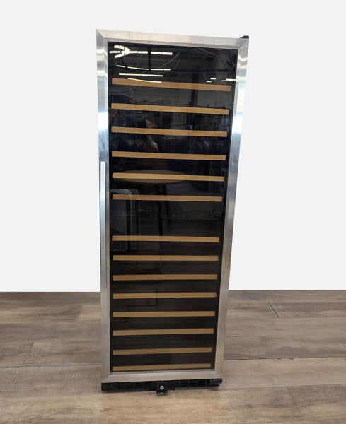 1. Front view of the Reperch Vinopro BU-490D-X dual-zone wine cabinet with glass door and wooden shelves.