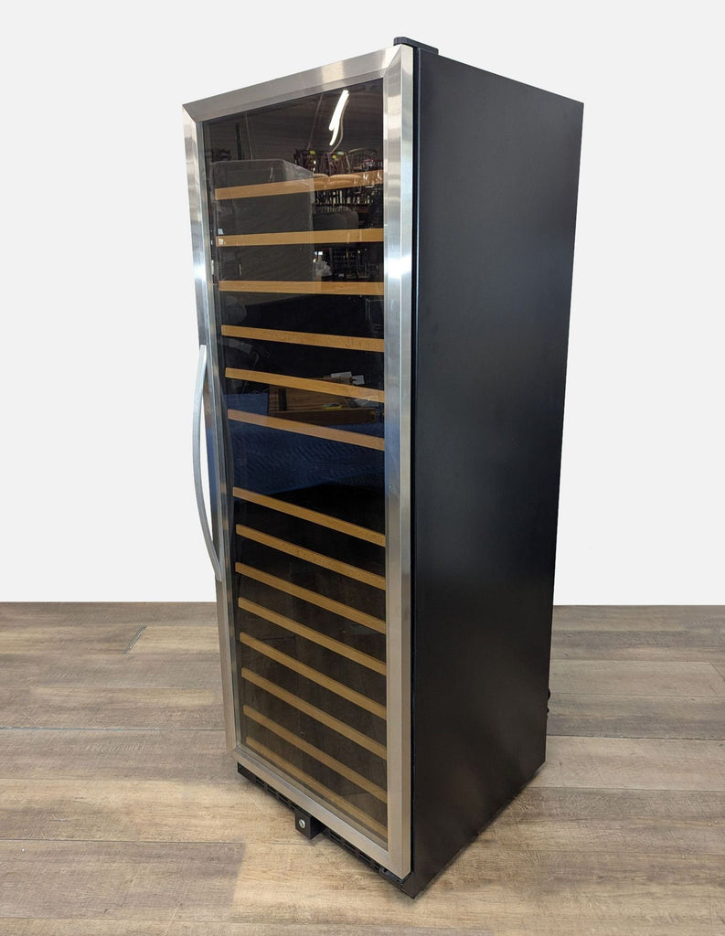 Angled side view of a Vinopro BU-490D-X dual-zone wine cabinet, showing its stainless steel trim and black exterior.