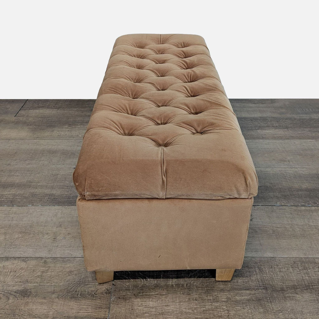 3. Side angle of tufted brown Reperch ottoman bench, highlighting the plush cushion and sturdy base.