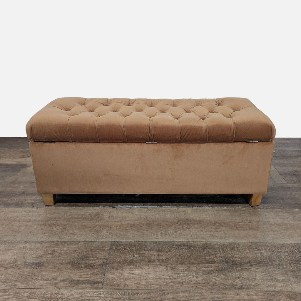 1. Brown Reperch ottoman bench with tufted top and wooden legs, shown closed on wooden flooring.