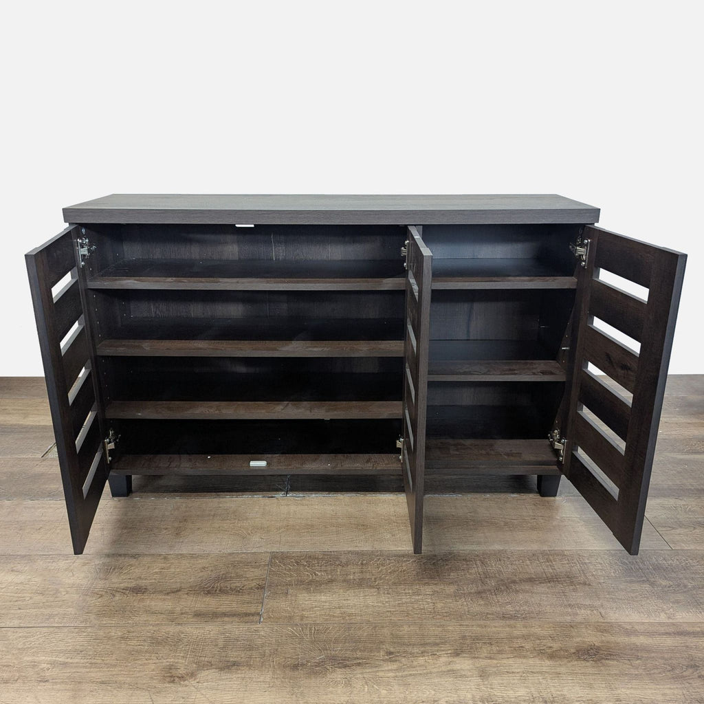 2. Synergy House cabinet shown open, revealing three internal shelves for versatile storage.