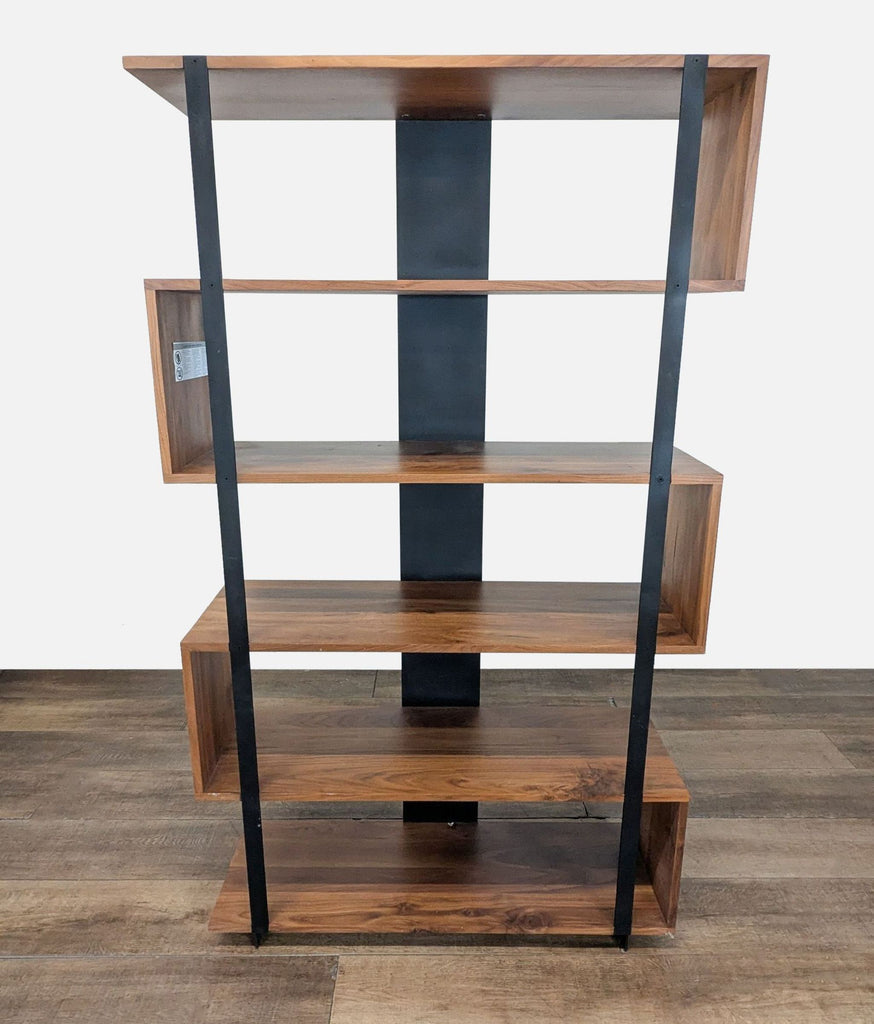 1. Crate and Barrel bookshelf with zigzag walnut shelves and matte black steel supports, modern open design.