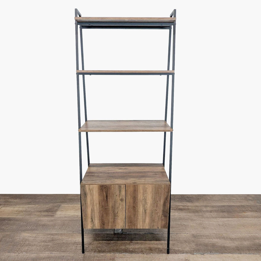 1. Walker Edison bookshelf with metal frame and woodgrain MDF shelves, featuring a closed cabinet at the bottom.