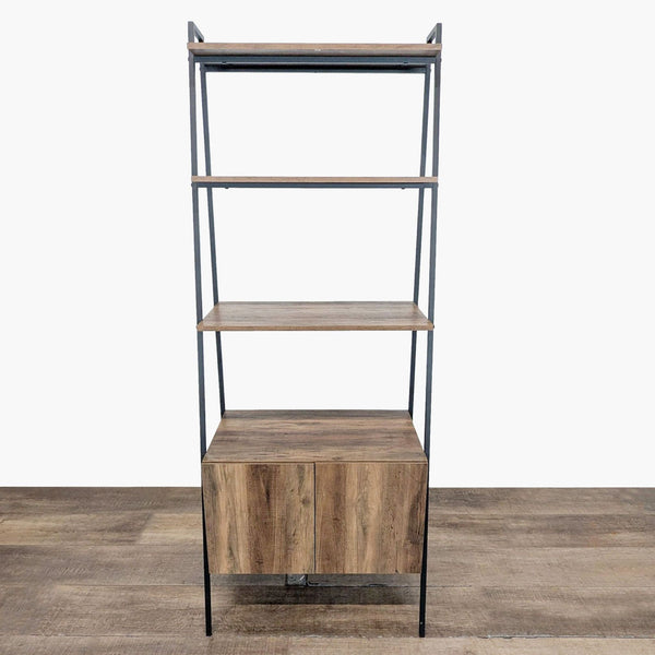 1. Walker Edison bookshelf with metal frame and woodgrain MDF shelves, featuring a closed cabinet at the bottom.
