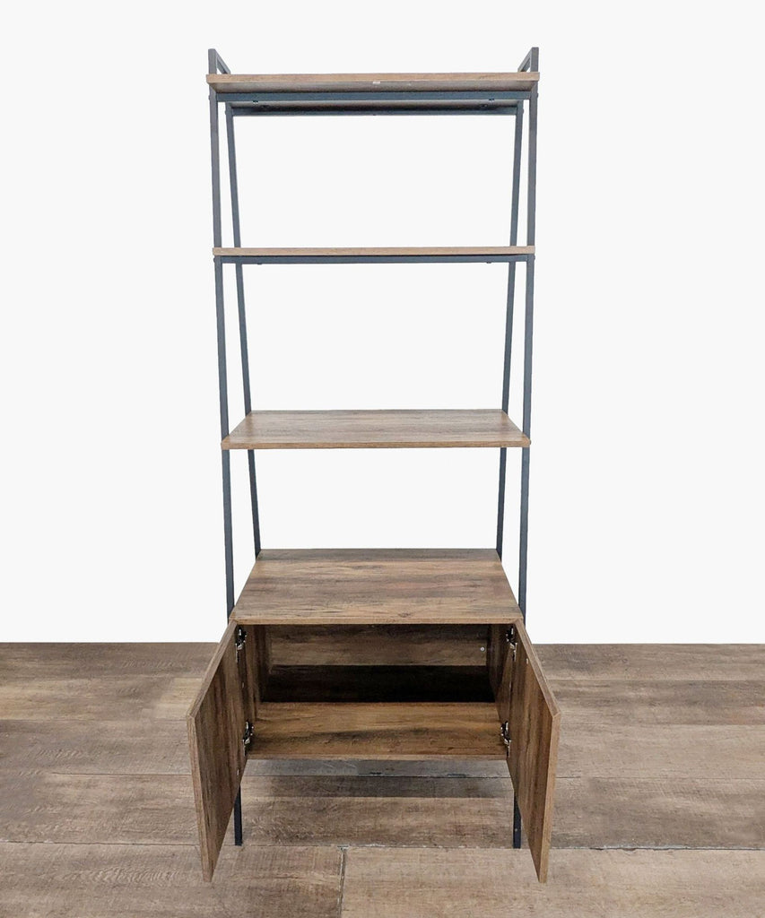 2. Reperch metal and MDF shelf unit with woodgrain finish, lower cabinet doors shown open for storage detail.