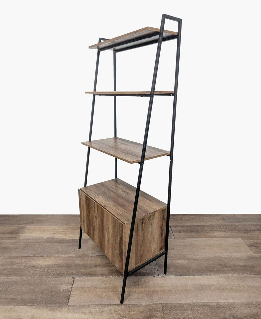3. Angled side view of Walker Edison bookshelf, showing metal frame, three woodgrain shelves, and a spacious closed cabinet.