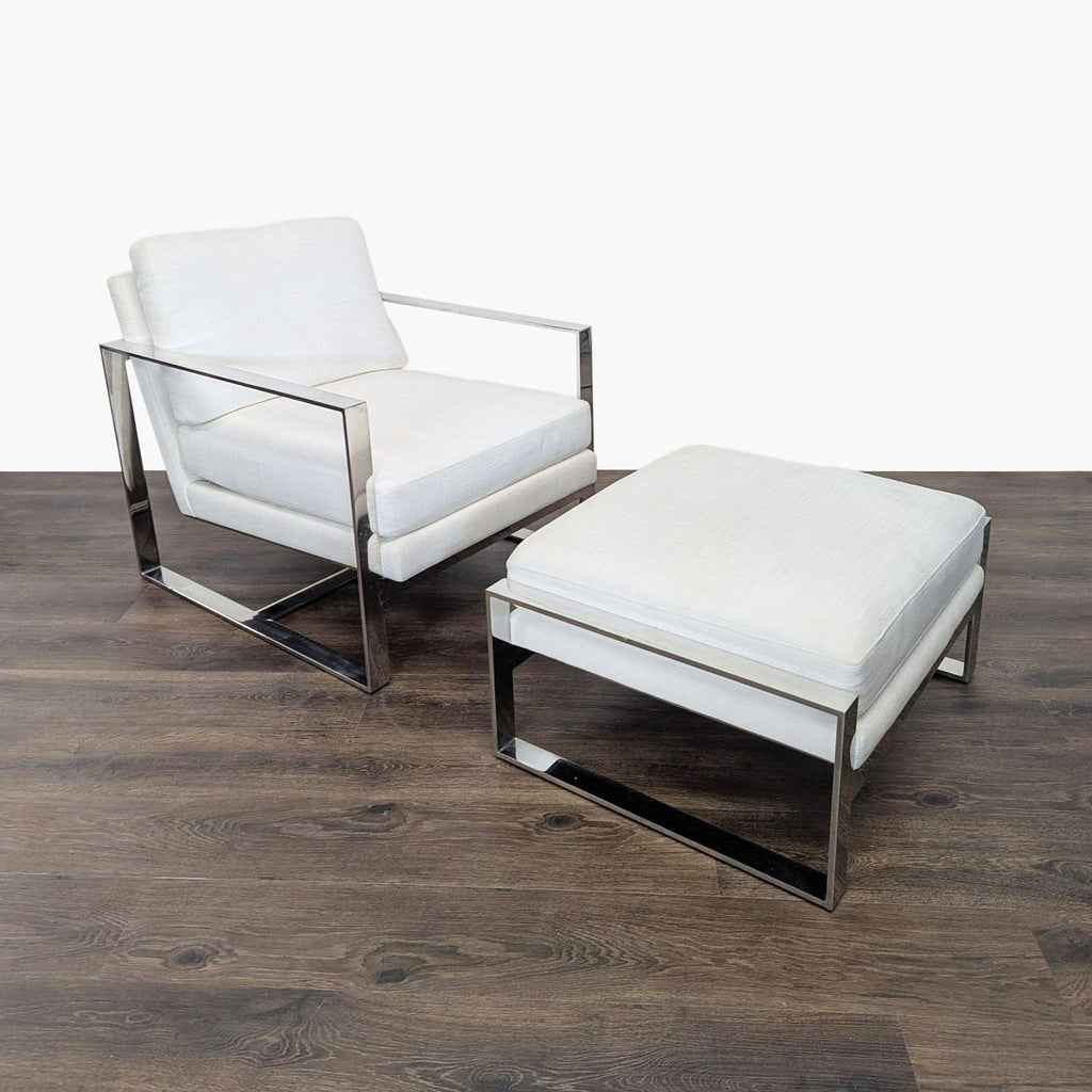 White lounge chair and ottoman set with polished metal frame by Restoration Hardware, on wood floor.  