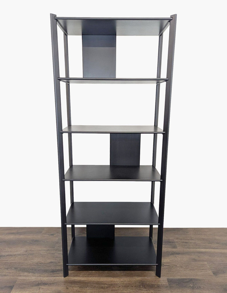 1. Front view of an Ikea bookshelf with a metal frame and wood shelves, designed for book storage.