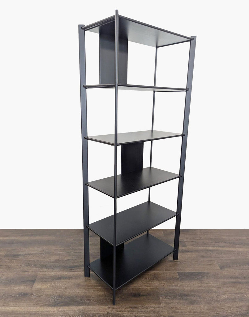2. Angled side view of an Ikea bookshelves unit featuring a strong metal frame and wood shelves.