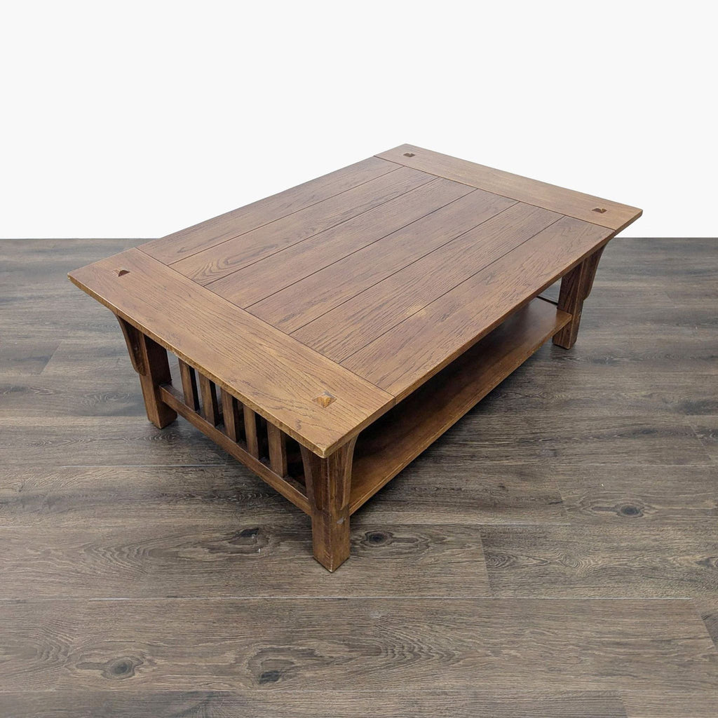 3. Angled view of Reperch coffee table, showing its spacious tabletop, sturdy legs, and under-shelf storage.