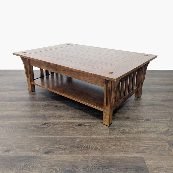 1. Rectangular wooden Reperch coffee table with a lower shelf and mission-style slatted sides on wood flooring.