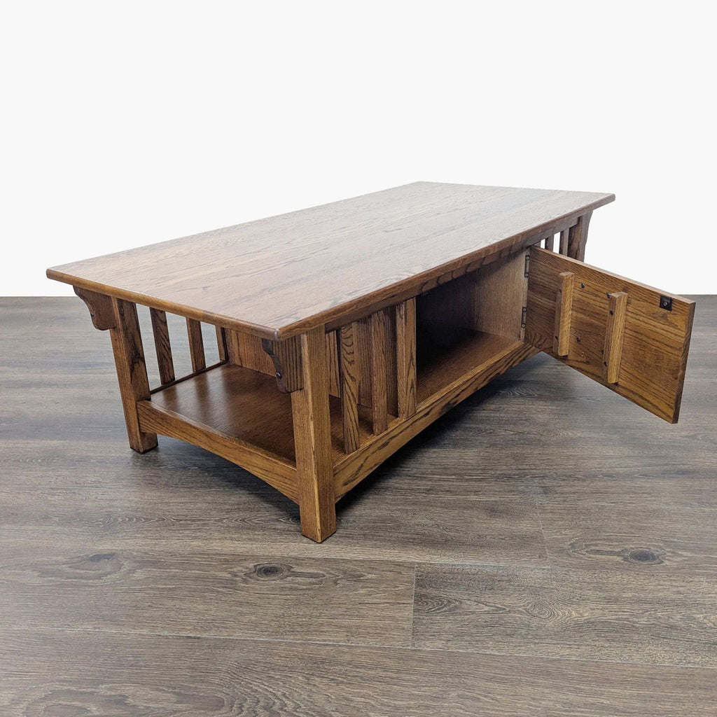 2. Angled view of the Reperch coffee table showing open side door and spacious lower storage shelf.