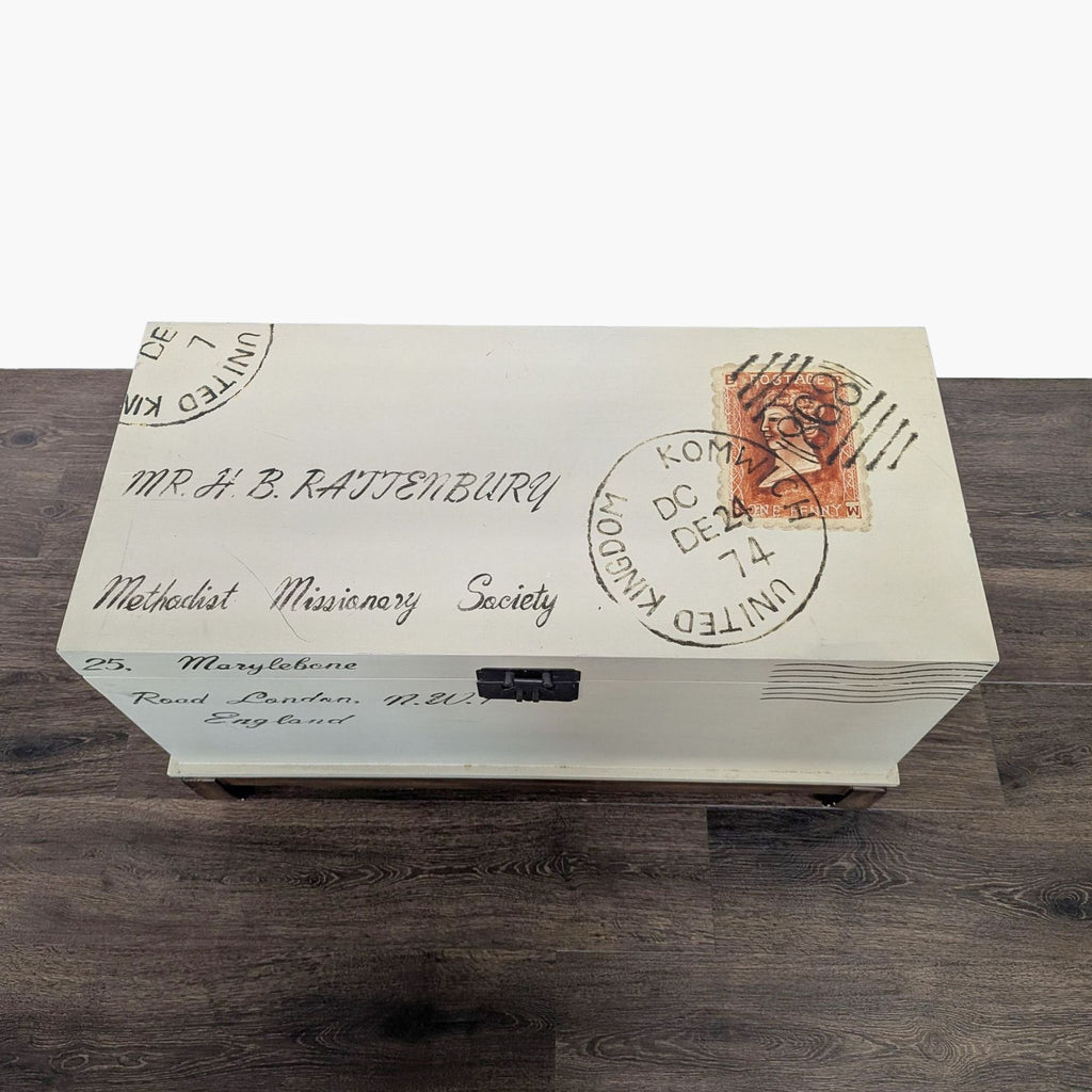 Postage Motif Wood Storage Trunk on Stand