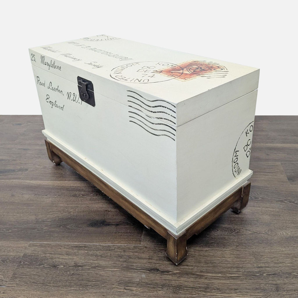 Postage Motif Wood Storage Trunk on Stand