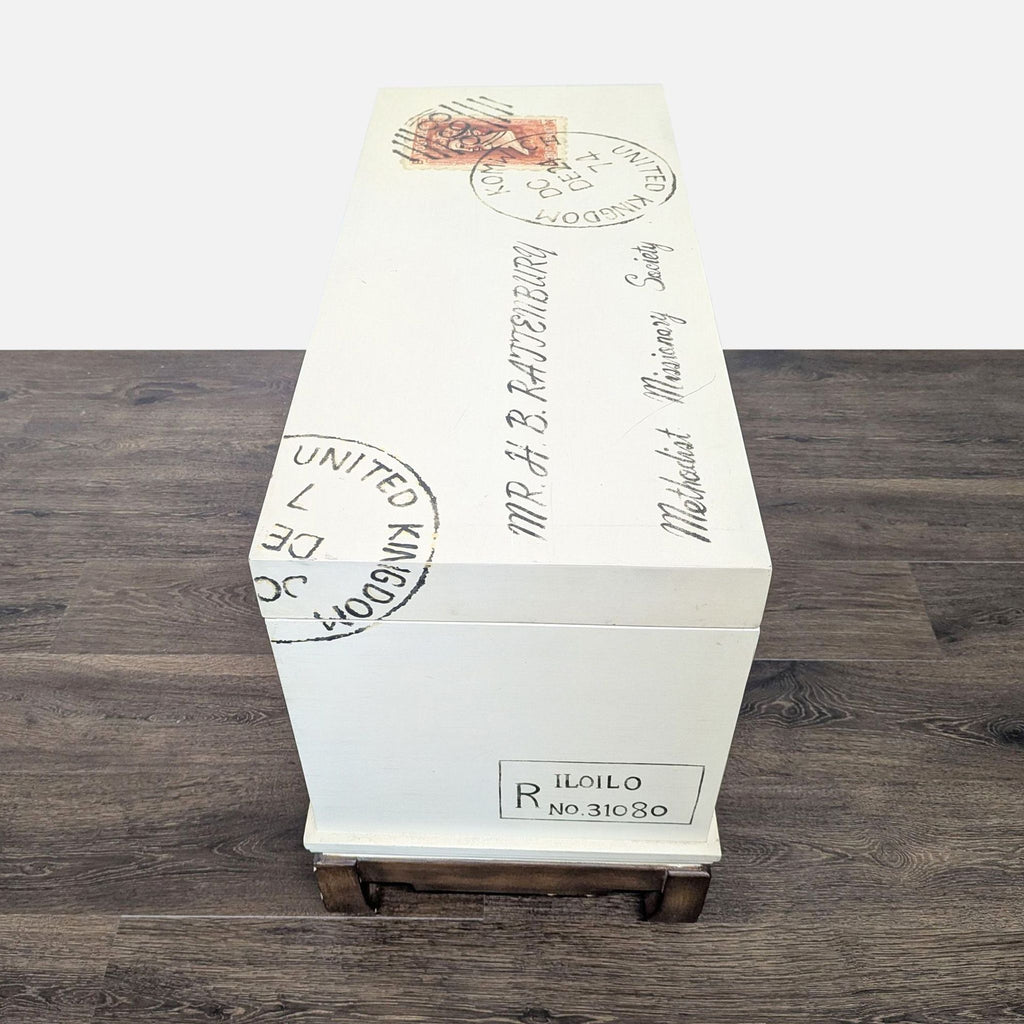 Postage Motif Wood Storage Trunk on Stand