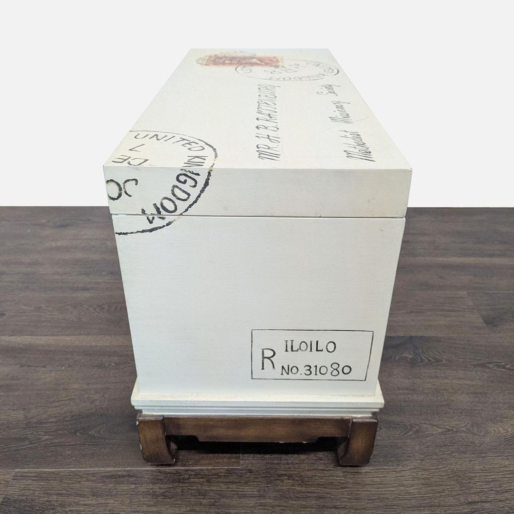 Postage Motif Wood Storage Trunk on Stand