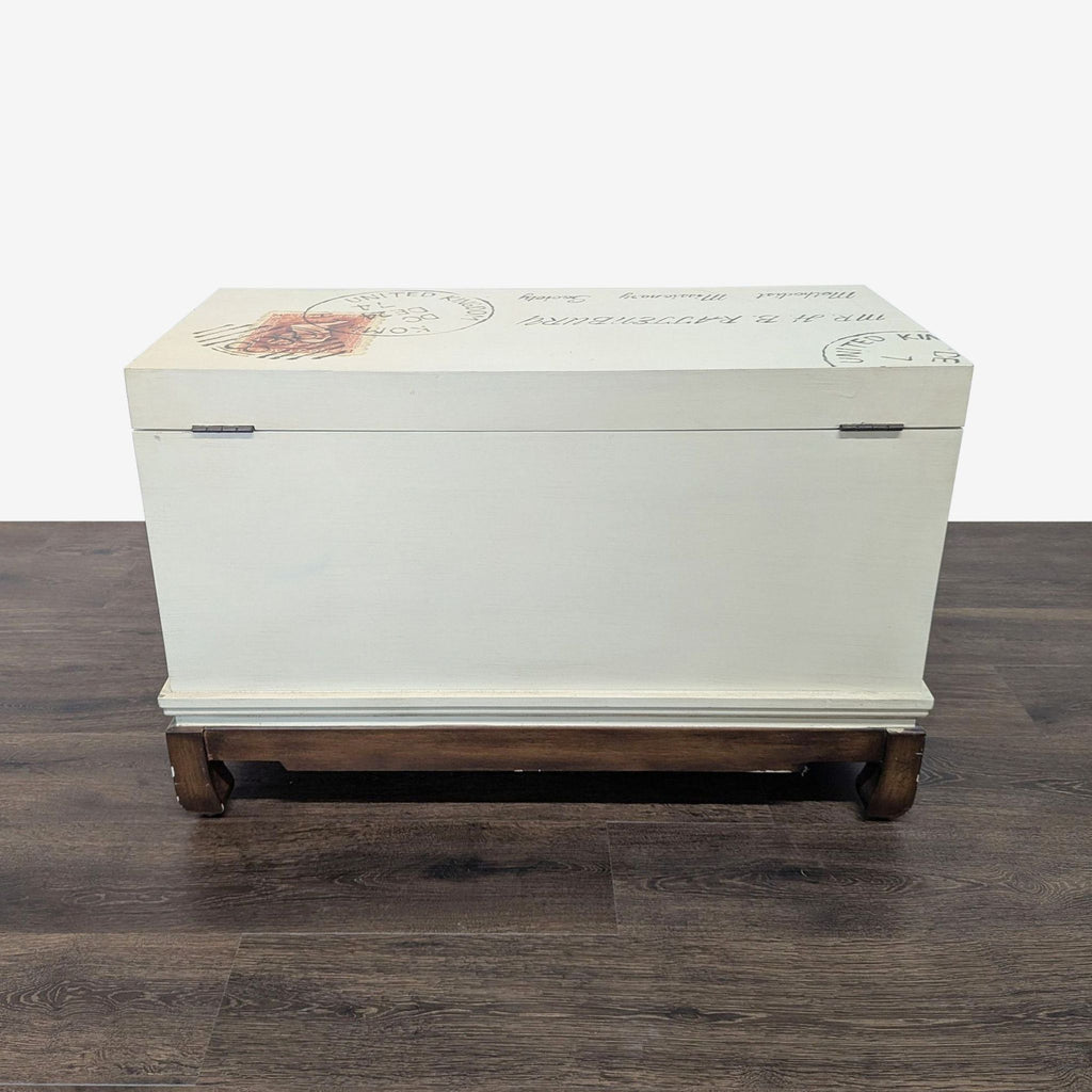 Postage Motif Wood Storage Trunk on Stand
