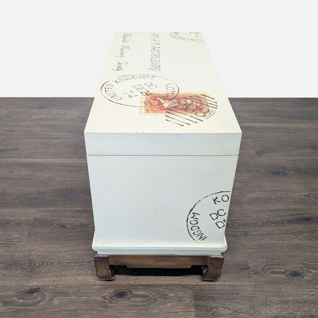 Postage Motif Wood Storage Trunk on Stand