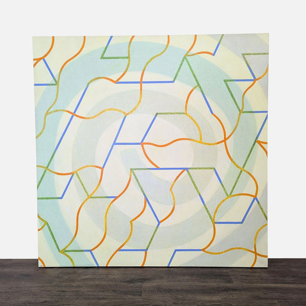 Abstract acrylic painting on canvas featuring geometric and wavy lines in soft, pastel hues.