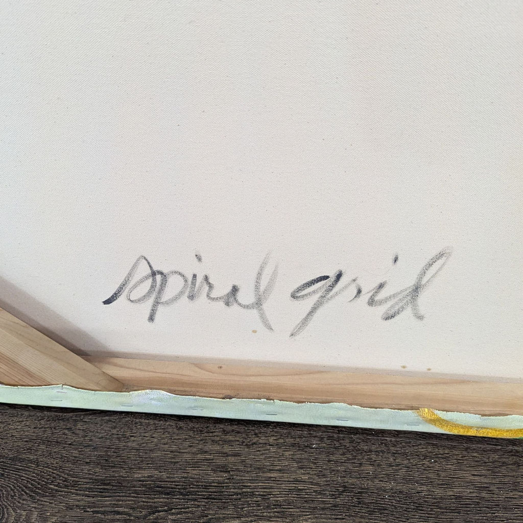 3. Handwritten title "spiral grid" in pencil on the back of a stretched canvas painting from the Drawings & Paintings category.