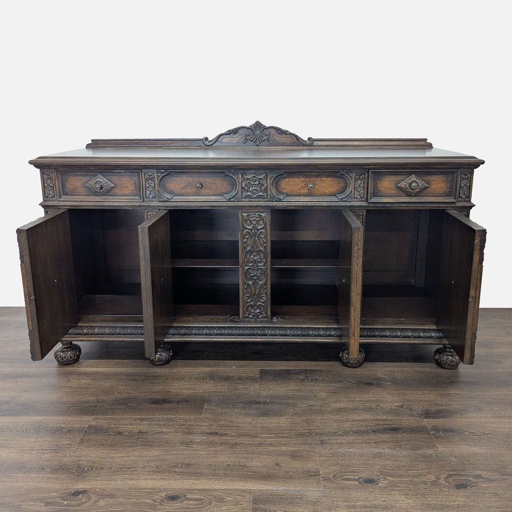 2. Reperch ornate sideboard showing open cabinet doors and interior shelves with carved wood accents.  