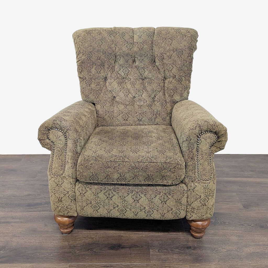 1. Flexsteel lounge chair with vintage fabric, button-tufted back, rolled arms, and elegant tulip legs in formal style.