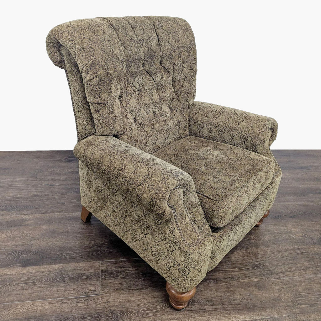 3. Angled view of a Flexsteel lounge chair with ornate fabric, button-tufted back, and classic tulip legs for a formal look.