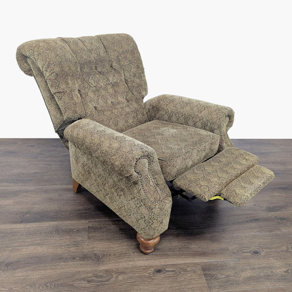 2. Reclined vintage-style lounge chair by Flexsteel, showing button-tufted back, rolled arms, and wooden tulip legs.
