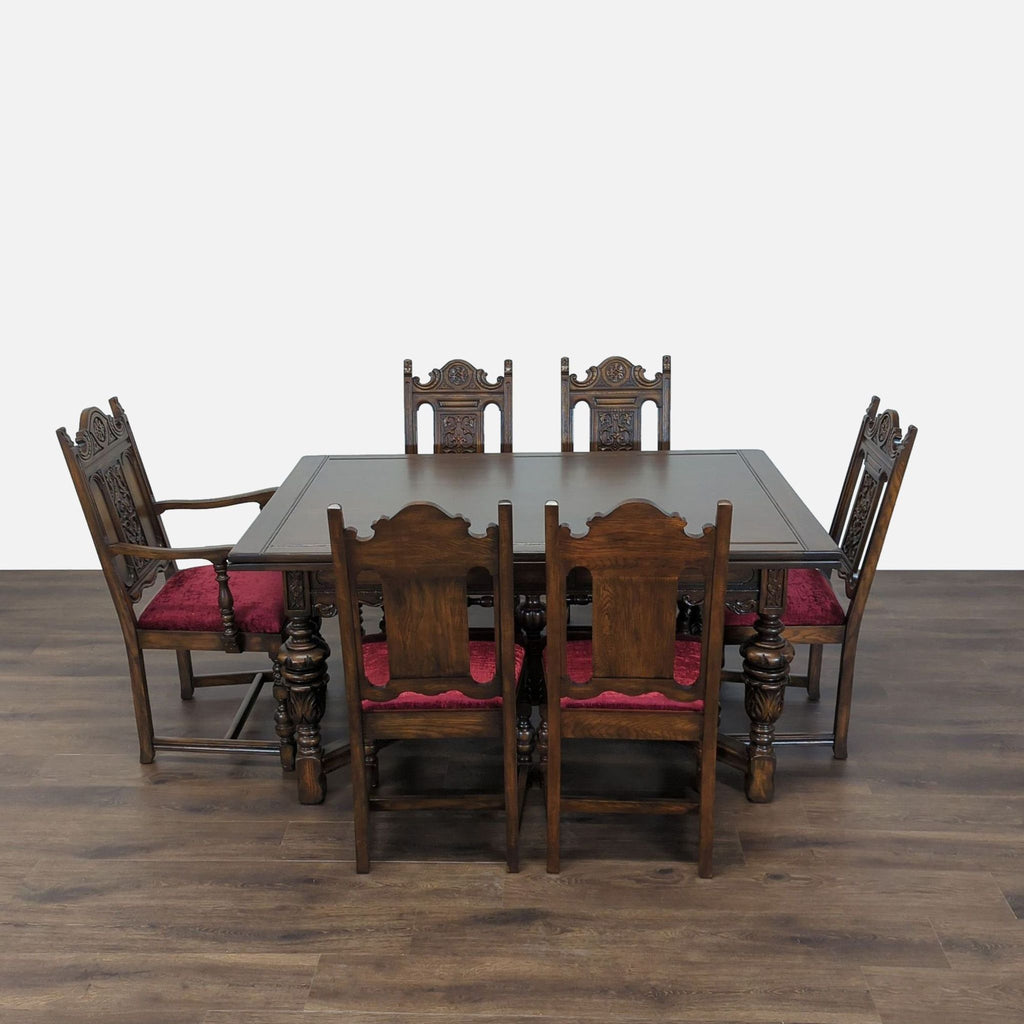 3. Reperch dining set with six ornate chairs, red upholstery, and rectangular table on wood flooring.