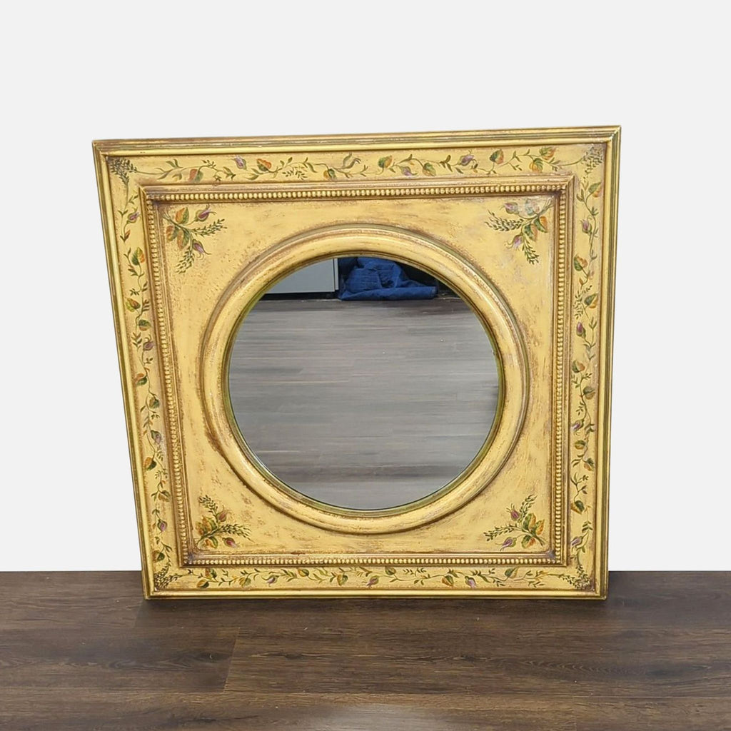 1. Square antiqued wooden mirror by Roma Moulding with hand painted floral accents around the circular glass.  