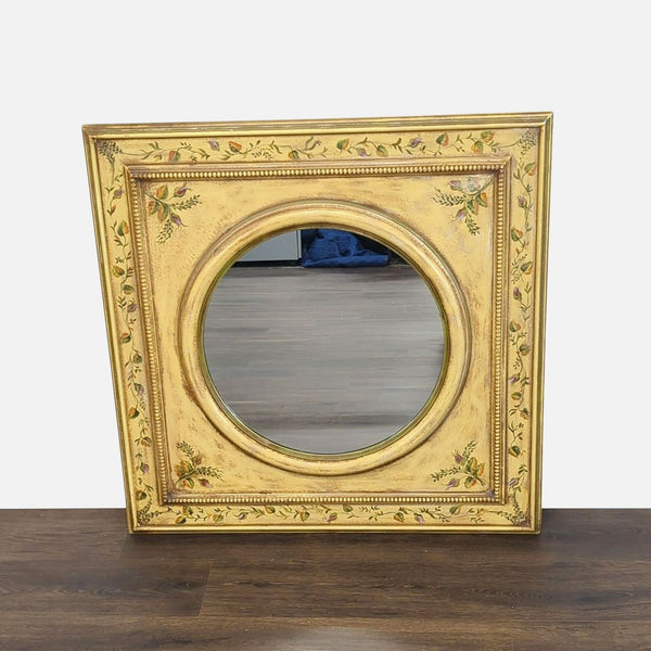 1. Square antiqued wooden mirror by Roma Moulding with hand painted floral accents around the circular glass.  