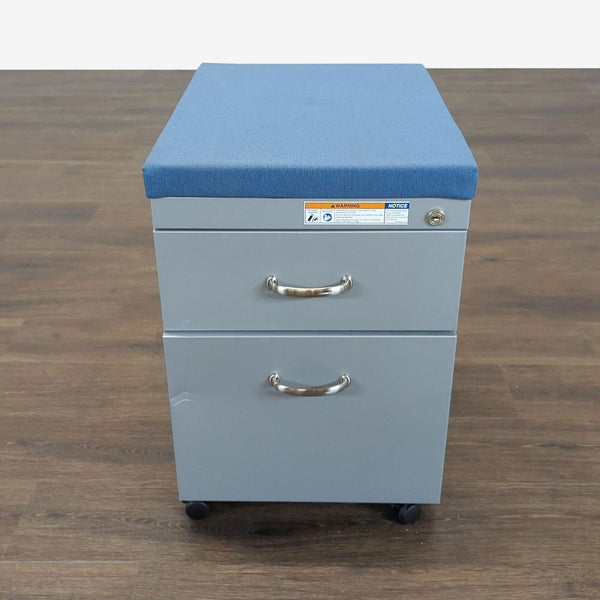1. Reperch lockable 2-drawer mobile cabinet with blue cushioned seat, shown closed on casters.