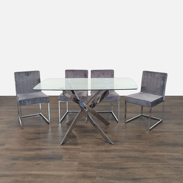 1. Reperch dining set with modern glass table, chrome base, and four grey velvet upholstered chairs.
